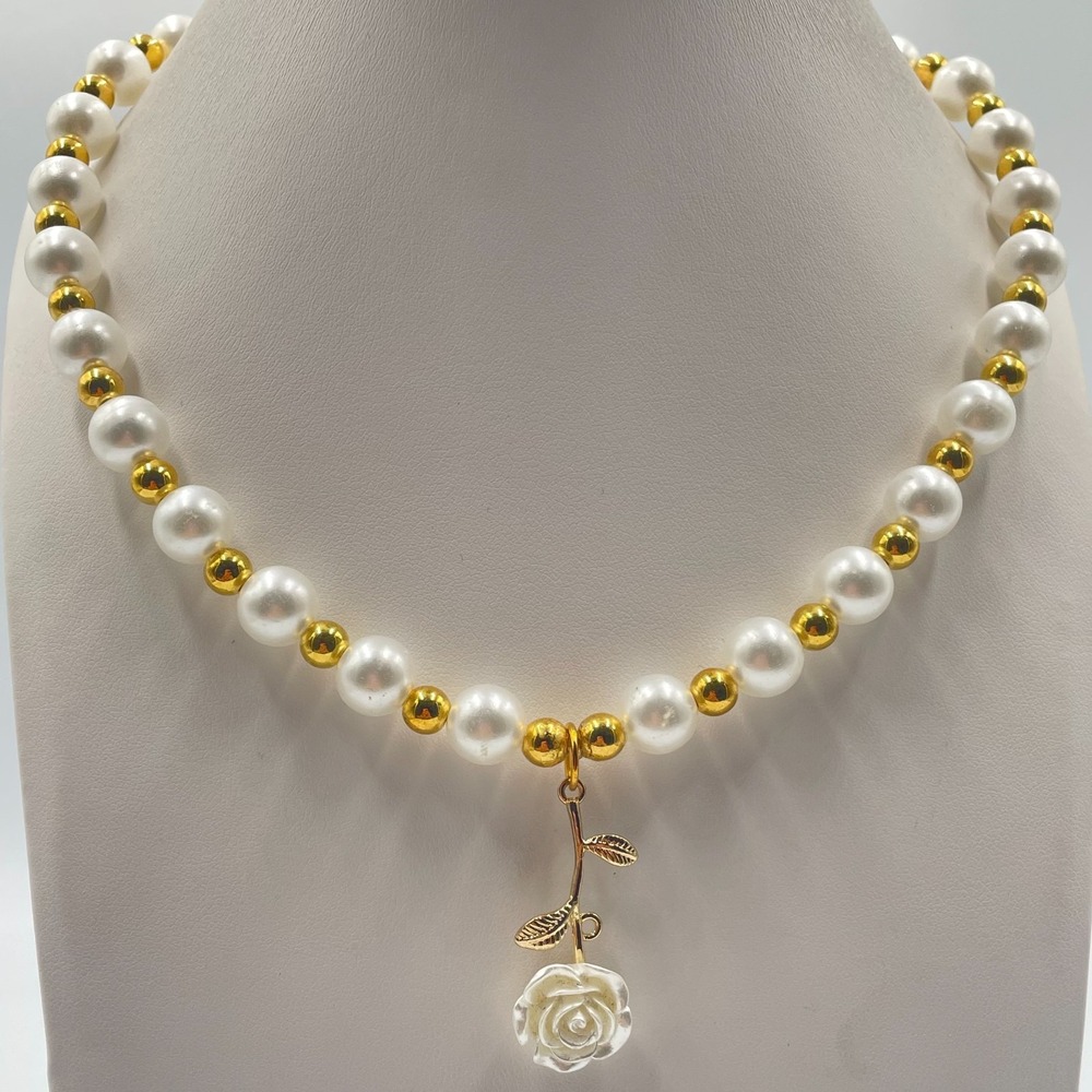 Vintage Faux Pearl Rose Pendant Necklace Retro Romantic Gold Tone Bead Accent